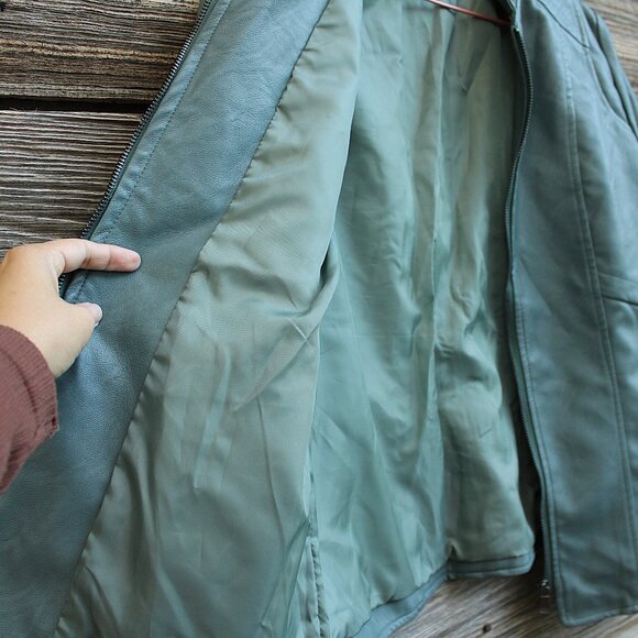'Signature Studio' faux leather teal band collar zippered sleek jacket - Picture 3 of 7